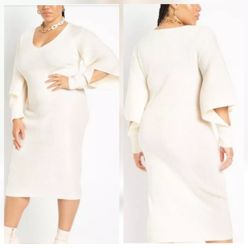 Eloquii Open Sleeve Cream Ivory Ribbed Knit Midi Sweater Dress 26/28